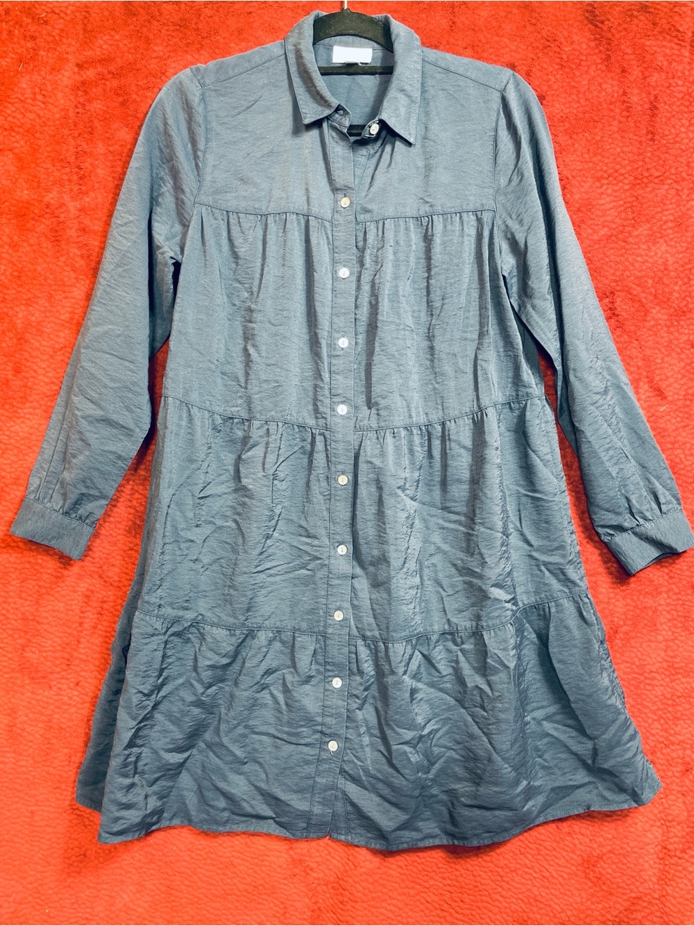 ❤️ J. Jill Tiered Lightweight Blue Long Sleeve Denim-Look Button-Front Dress, XS